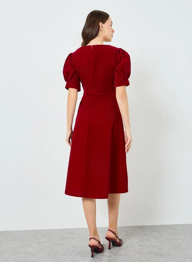 Take Two  Women Red Puff Sleeve A-Line Midi Dress for Women | Best Price UAE